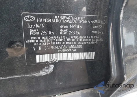 2019 Hyundai Sonata Se z USA, uszkodzony, nr VIN 5NPE24AF8KH806488
